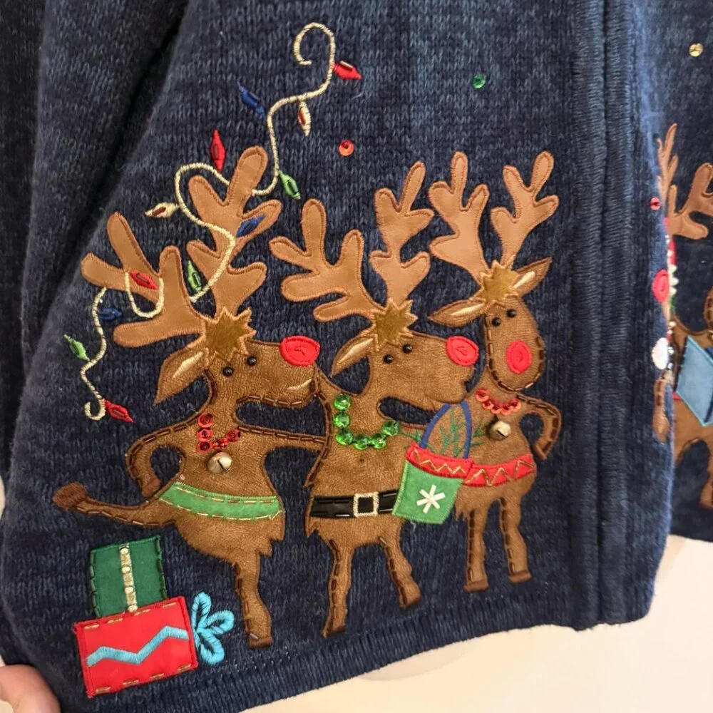 VINTAGE  Blue Christmas Sweater | Singing Reindeer & Festive Lights | Tiara - Picture 8 of 10
